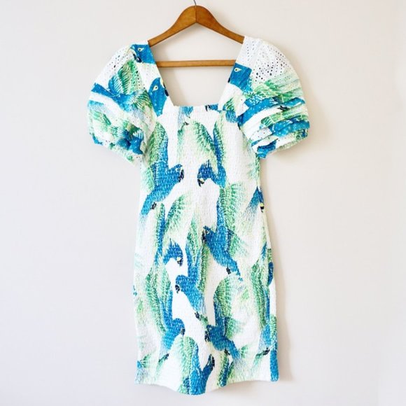 Farm Rio Araras Parrot Bird Print Eyelet Smocked Short Puff Sleeve Mini Dress - Picture 5 of 8